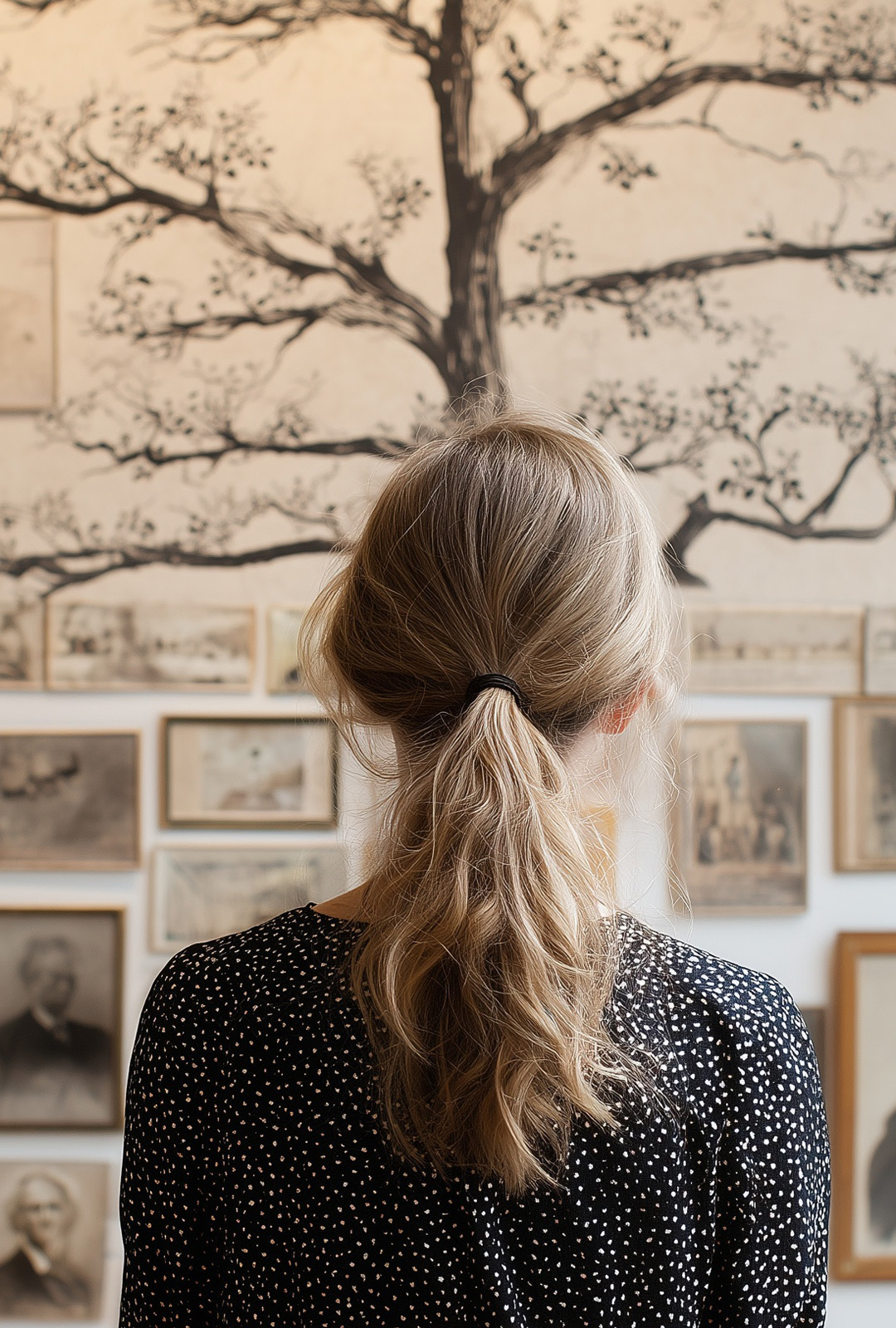 A woman looking at a wall of family photographs arranged around a hand-drawn family tree
